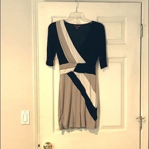 Tri-colored brown/black/white mid length dress
